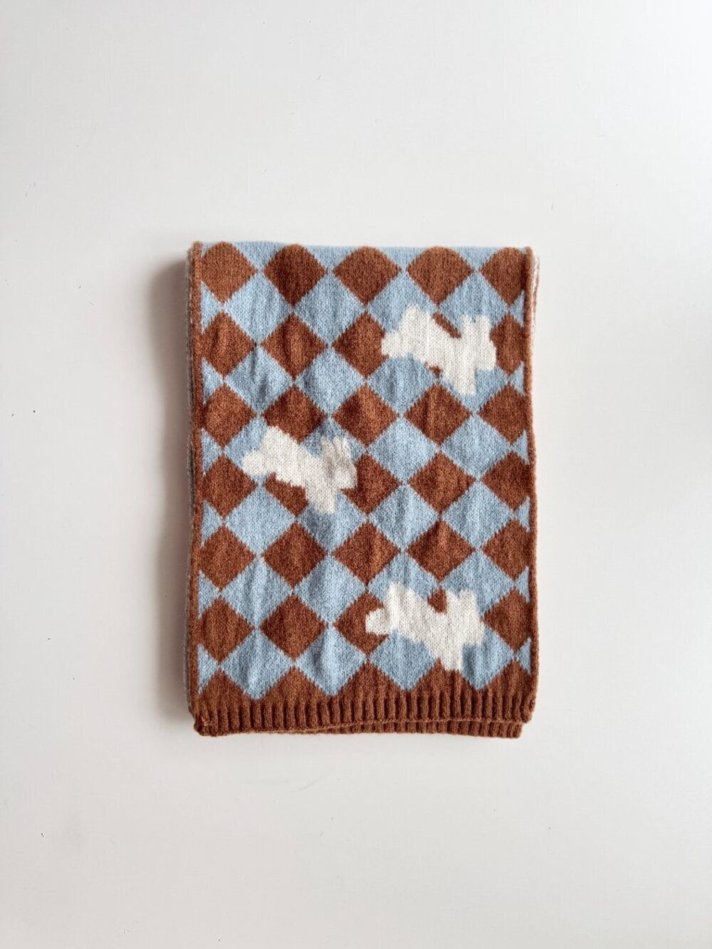 Unbranded Brown Blue Diamond Check Bunny Acrylic Knit Rectangle Scarf